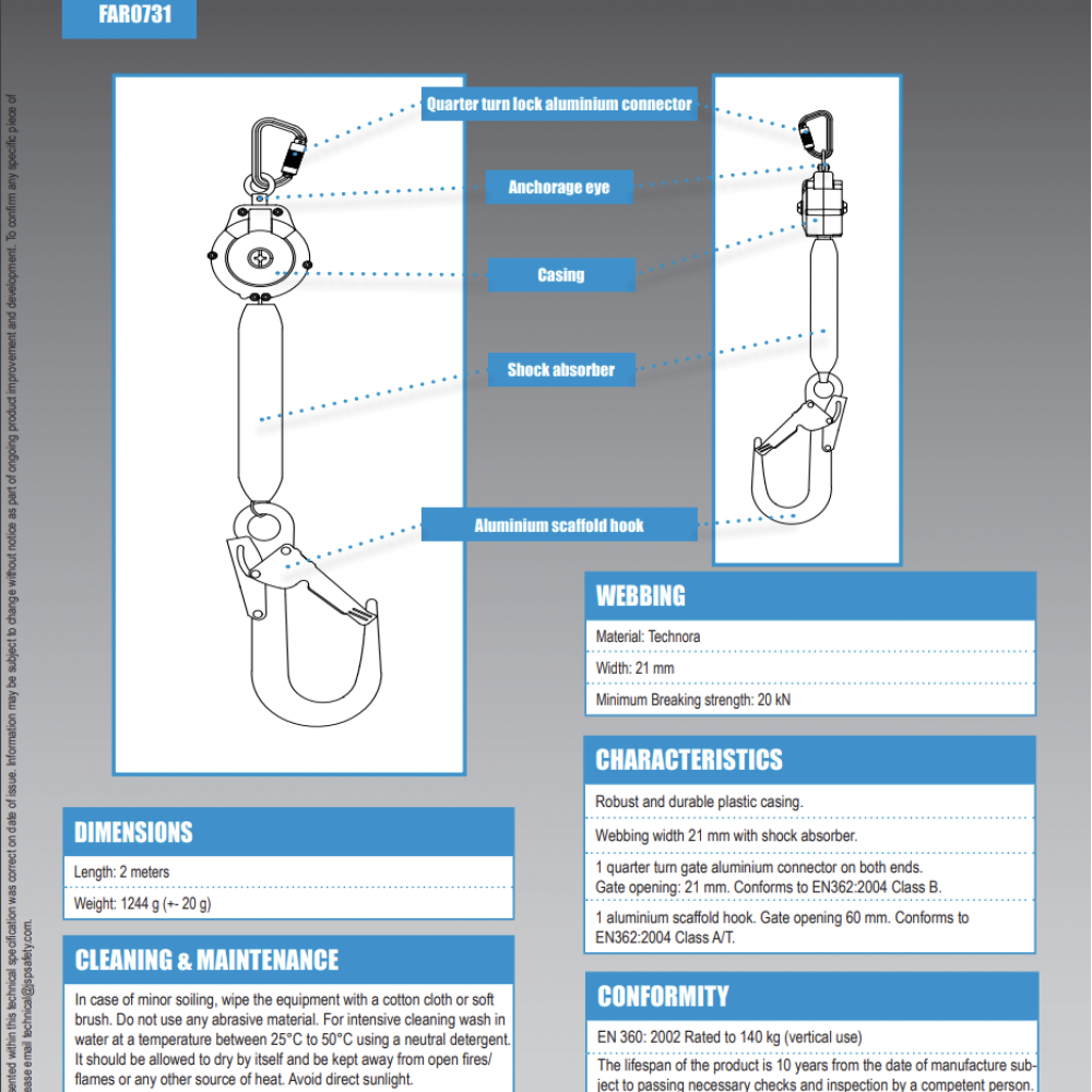 2MTR RETACTABLE FALL LIMITER C/W SCAFF HOOK