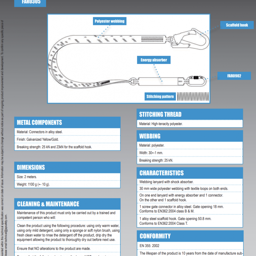 SPARTAN 2M SINGLE TAIL LANYARD C/W SCAFF HOOK FAR0305